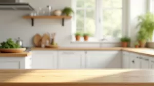 Biała kuchnia z drewnianym blatem  jaka podłoga