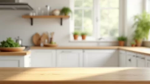 Biała kuchnia z drewnianym blatem  jaka podłoga